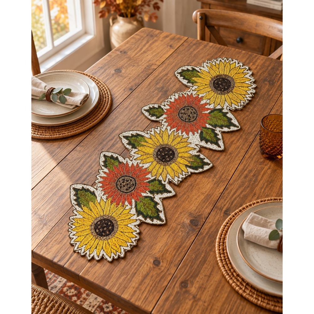 Beaded Sunflower Table Runner 35 Inch Fall Autumn Floral Centerpiece